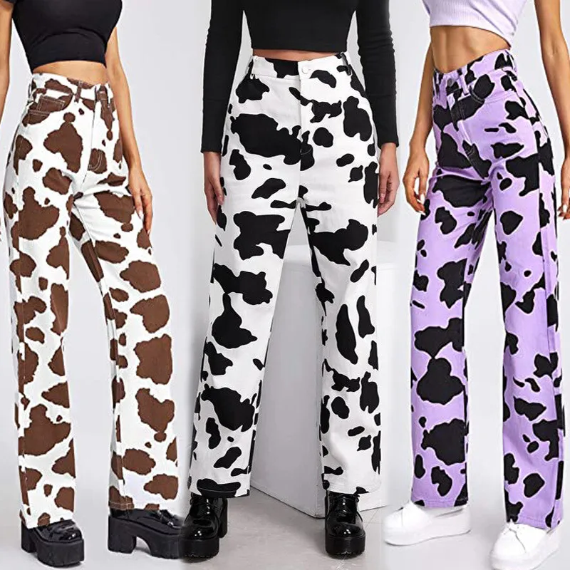 

2022 Stylish Women's Jeans Milk Cow Print Long Pants Women Straight Salopette Femme Jean For Ladies Multiply Color, White,brown,purple