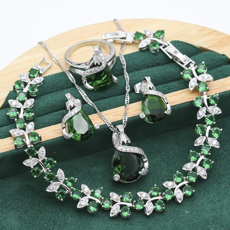 

White Gold Jewelry Sets For Women Green Blue Crystal Bracelet Earrings Necklace Pendant Ring Wedding Jewelry Gift