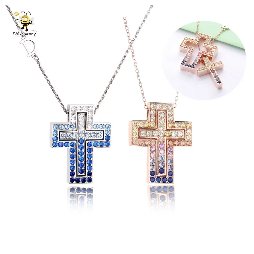 

Slovehoony Luxury 925 Sterling Silver Double Cross Pendant Necklace With Colorful Full Zircon Charming Women Necklace Jewelry