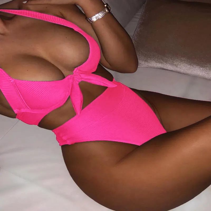 

Hot Selling Fashion Swimsuit Sexy Special High Waist Split Sling Swimwear New Solid Color Two Piece Bikini, As picture