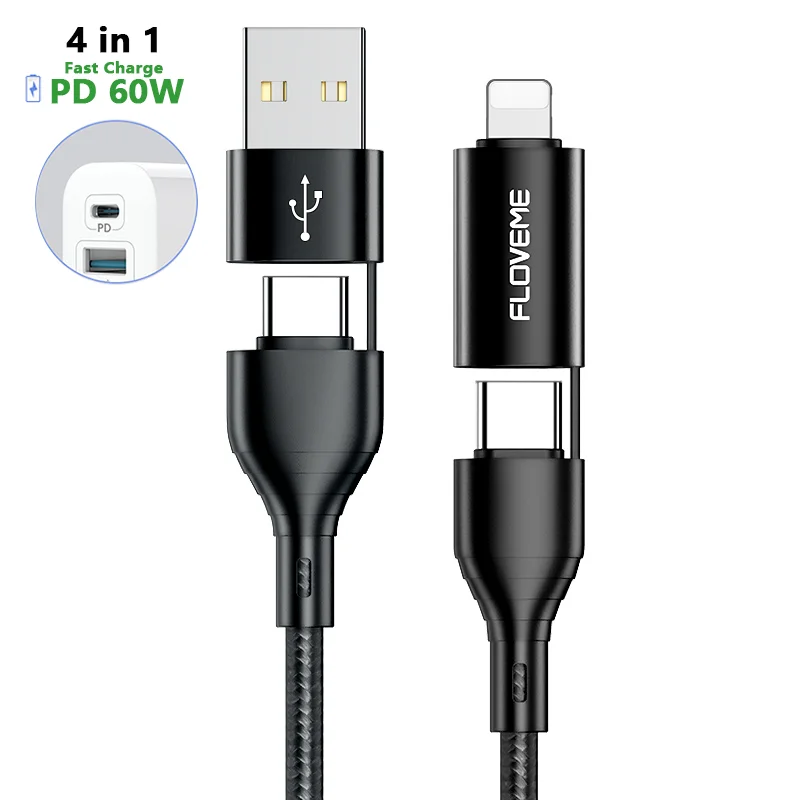 

Free Shipping 1 Sample OK New PD 60W High Power 4 in 1 Nylon Fast Charging Data Cables Charging Cable for iPhone Charger Custom