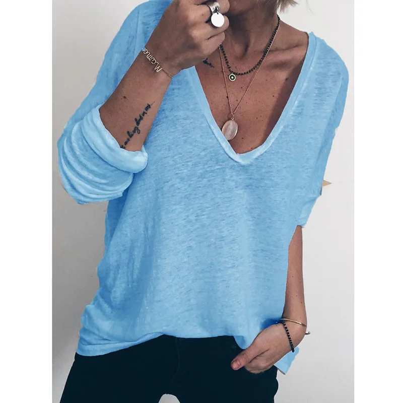 

Summer Solid Color Casual Loose Long-sleeved V-neck Printed T-shirt