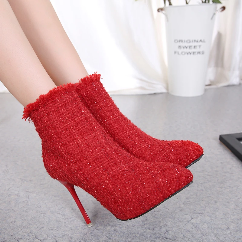

DEleventh winter fashion tassel detail high thin heel women pumps side zip up pointy toe sequined cloth lady ankle boots