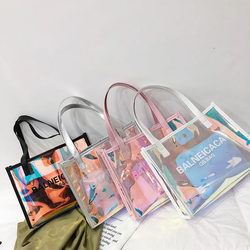 

Luxury Large Handbags For Women New Design Tote Bag Pvc Custom Logo Iridescent Holographic Tote Beach Bag, White/pink/black/silver