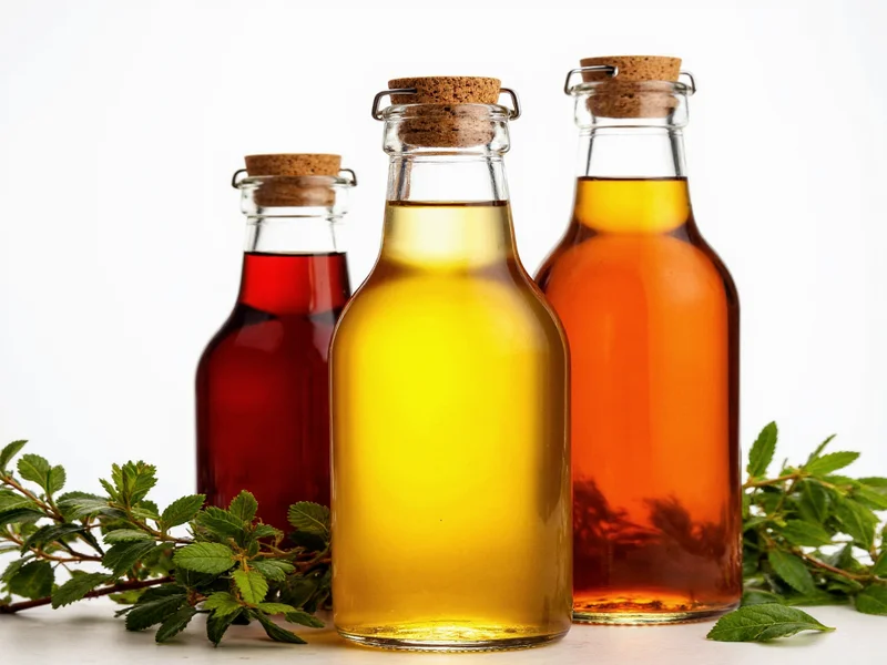 Three flavored syrup bottles with herbs