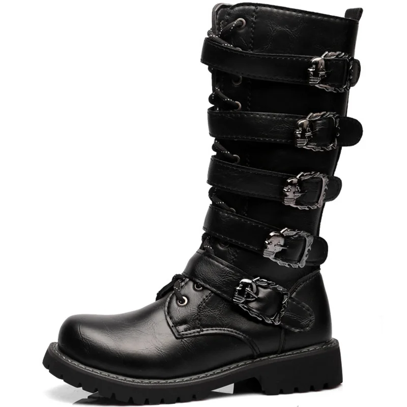 

Dropshipping Custom Logo Punk Style Gothic Belt Men's Leather Motorcycle Boots Mid-calf Combat Boots