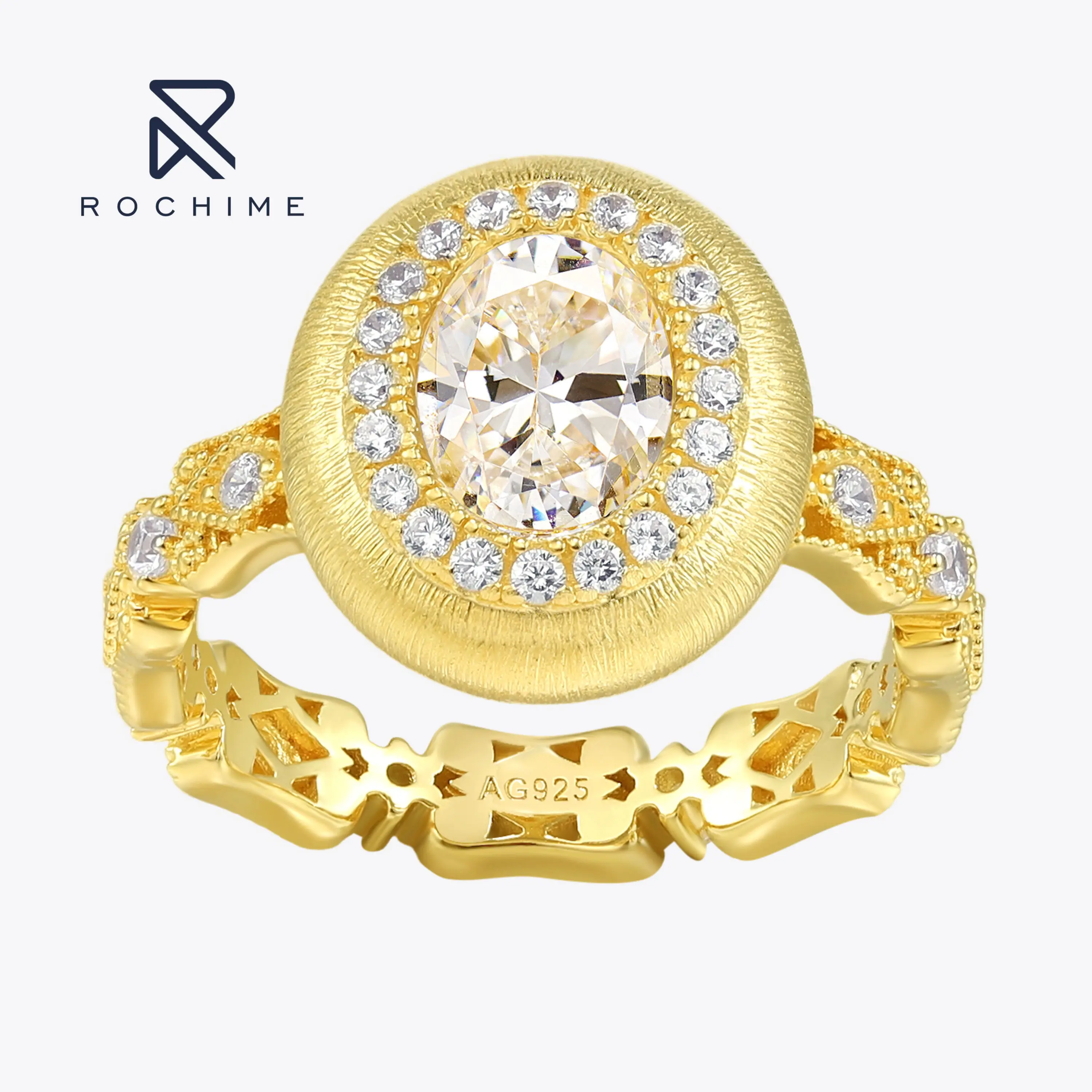 Rochime Vintage Brushed Oval Cut Luxury Ring 925 Sterling Silver Gold Plated Cubic Zirconia Rings for Women