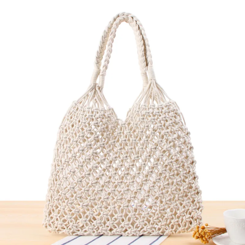 

New solid color one-shoulder braided beach bag with cotton rope net and straw braided bag