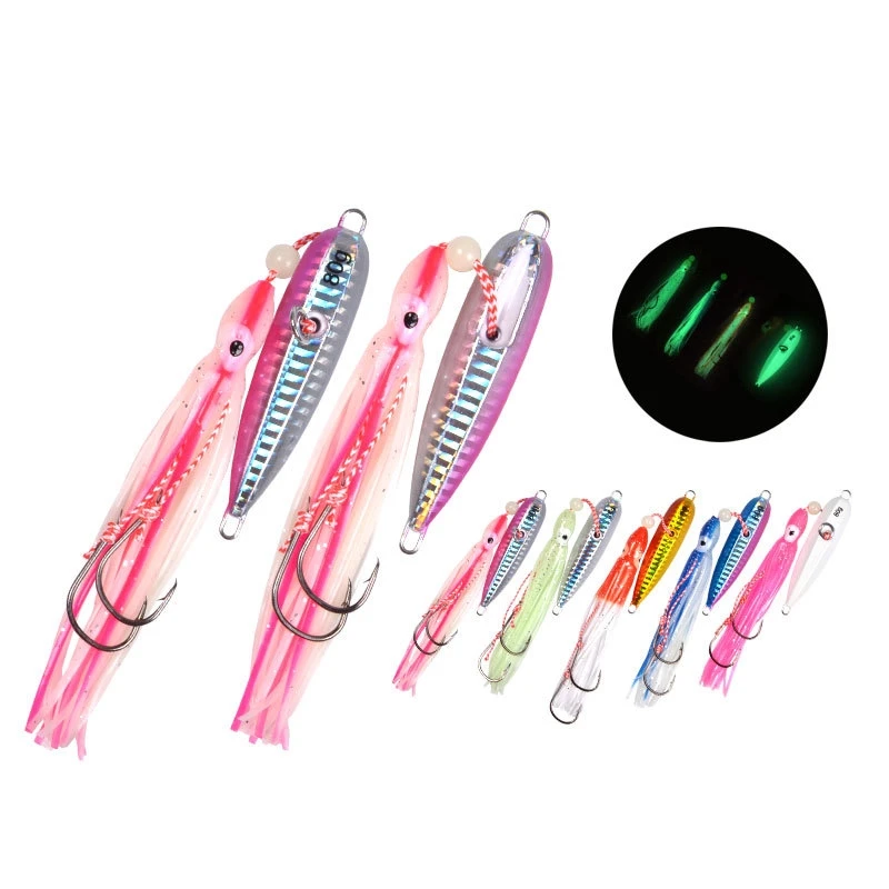 

Top Right 40g 60g 80g 100g Jig046 Slow Jigging Lures Glow Saltwater Metal Fishing Jigs Head Octopus Skirt Jigging, 5 colors