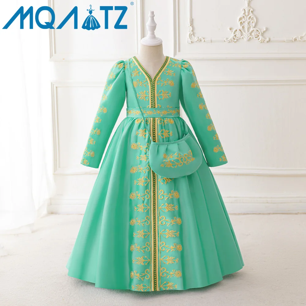

MQATZ Middle East Style Girls Casual Maxi Floral Dress Long Sleeve Holiday Dress With Bag MSL02