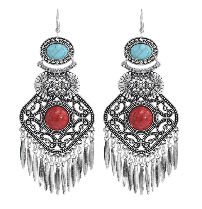 

Vintage Ethnic Carved Flower leaves tassel earrings Gypsy Jewelry Silver Color