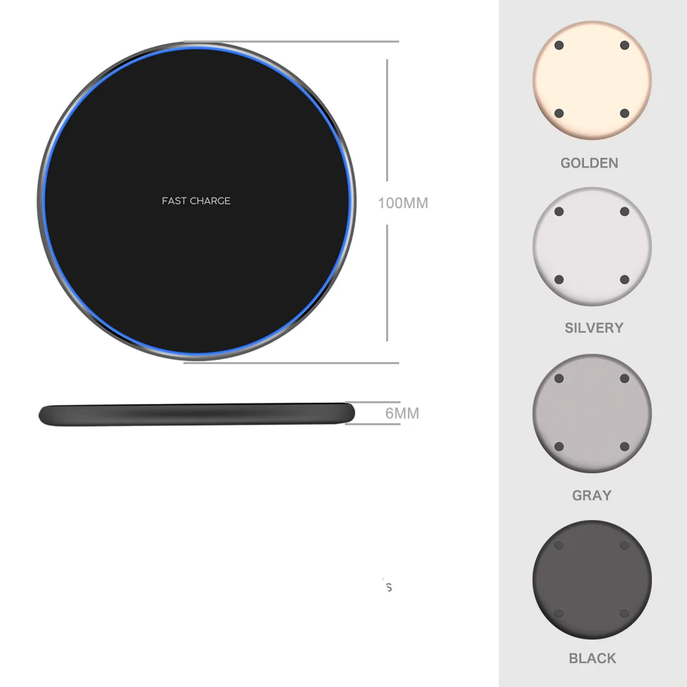 

15W 10W Portable Universal Mobile Phone Round Fast Wireless Charger Qi Fast Charging T, Black grey gold silver