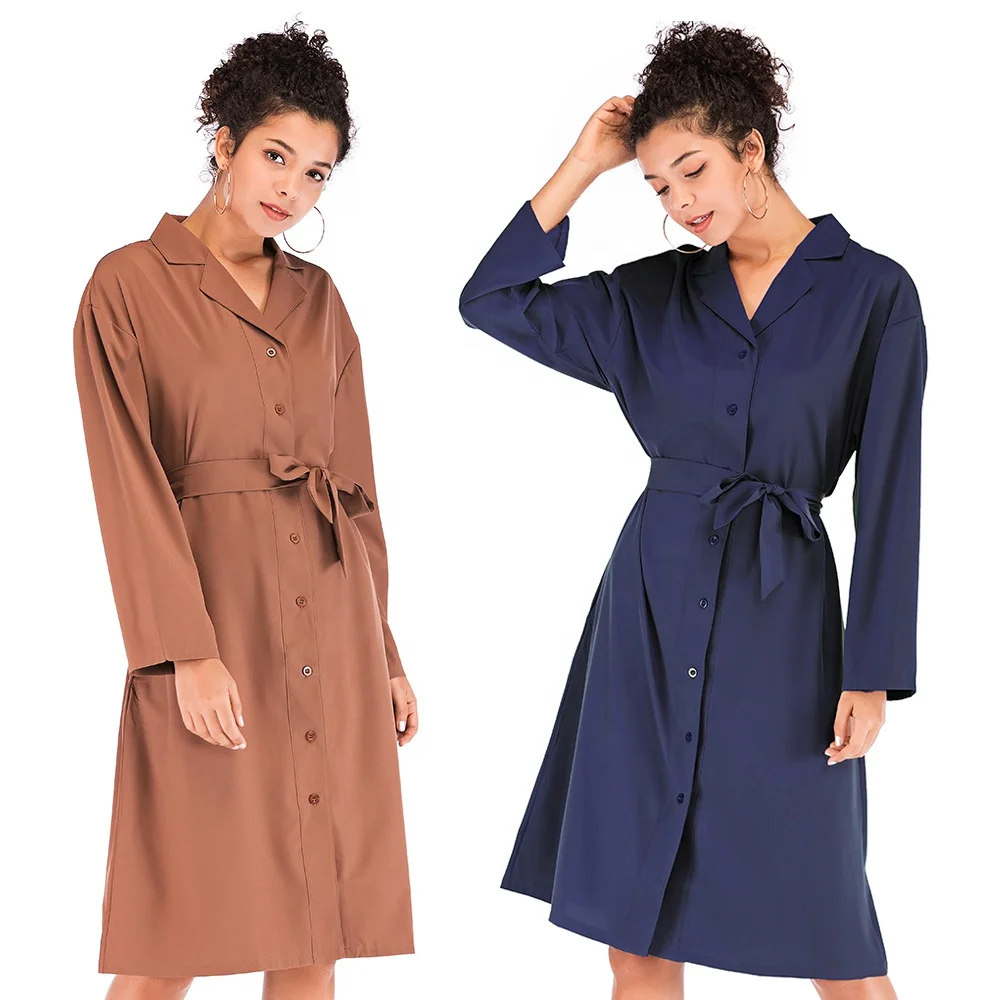 

Large size women's thin slim fit loose temperament lapel tied shirt dress female long trench coat female clothing