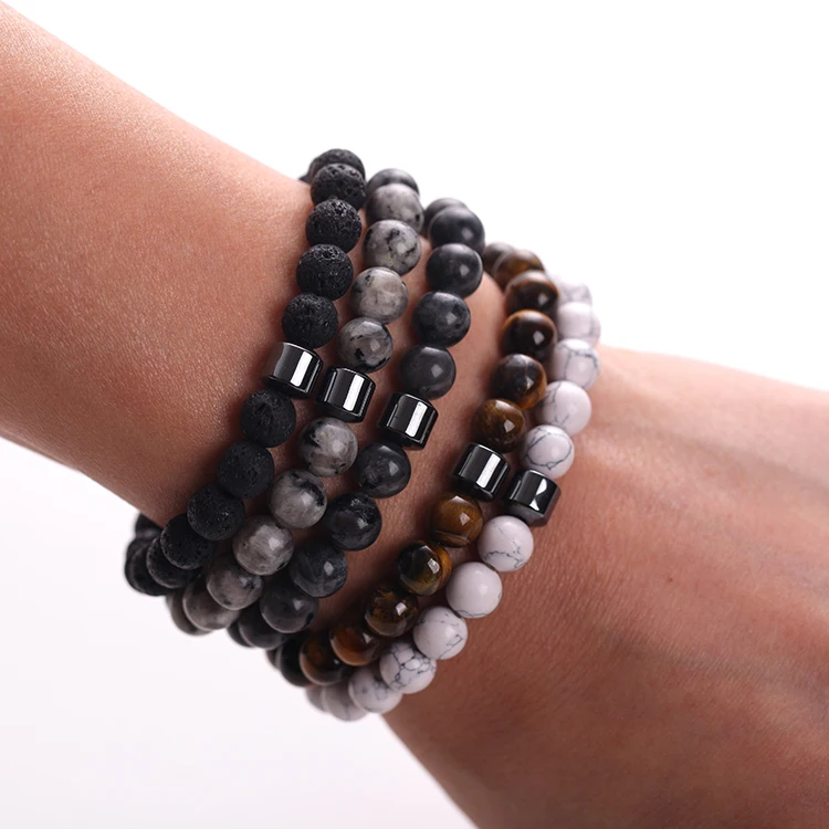 

Newest Wholesale Custom 8mm Magnet Charm Beads Stretch Natural Stone Lava Bead Bracelet Men, As pic show