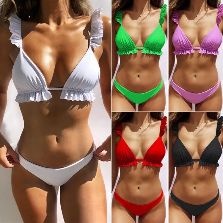

Free Shipping Sexy Falbala Swimsuit Pure Color Beachwear Two-pieces Bikini For Women, Purple,green,white,red,black