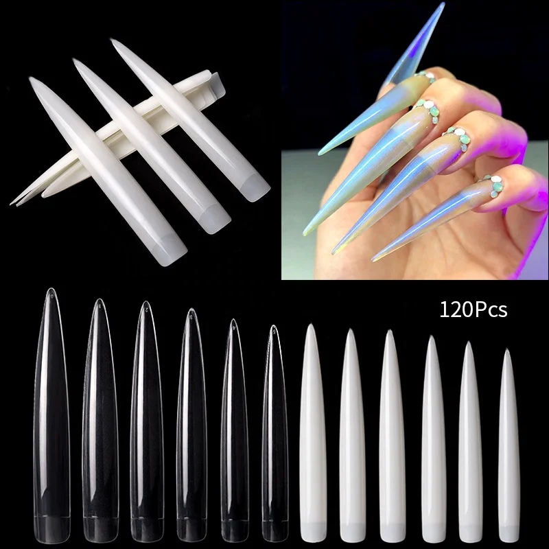 

Hot Selling 120pcs/bag Long Pointed Full Cover Acrylic False Nails Tips, Clear natural