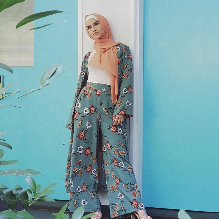 

Elegant Kimono Blouse With Pants Cardigan Dubai Muslim Abaya Robe Turkish Long Dress Floral Print Abaya Set For Women, 3 colors