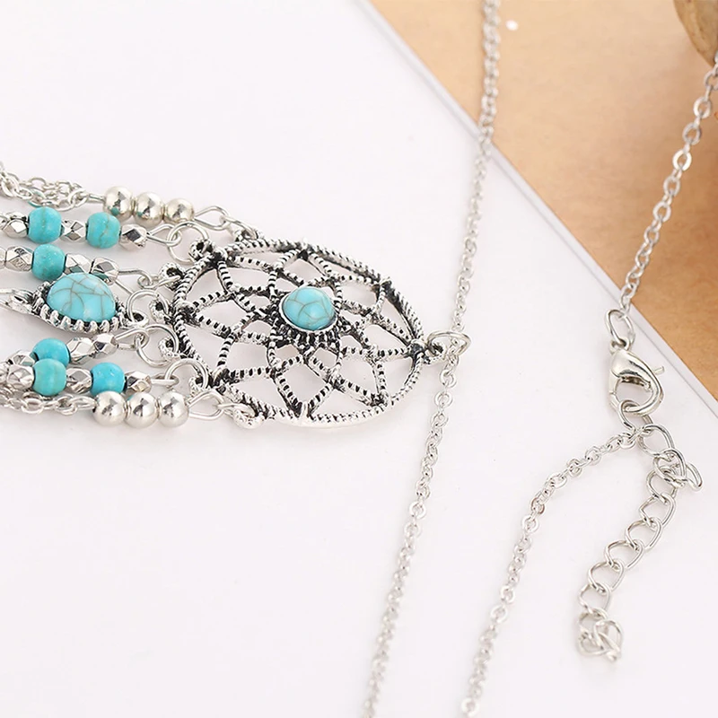 Vintage fringed feathers turquoise necklace bohemian jewelry dream catcher sweater necklace N175