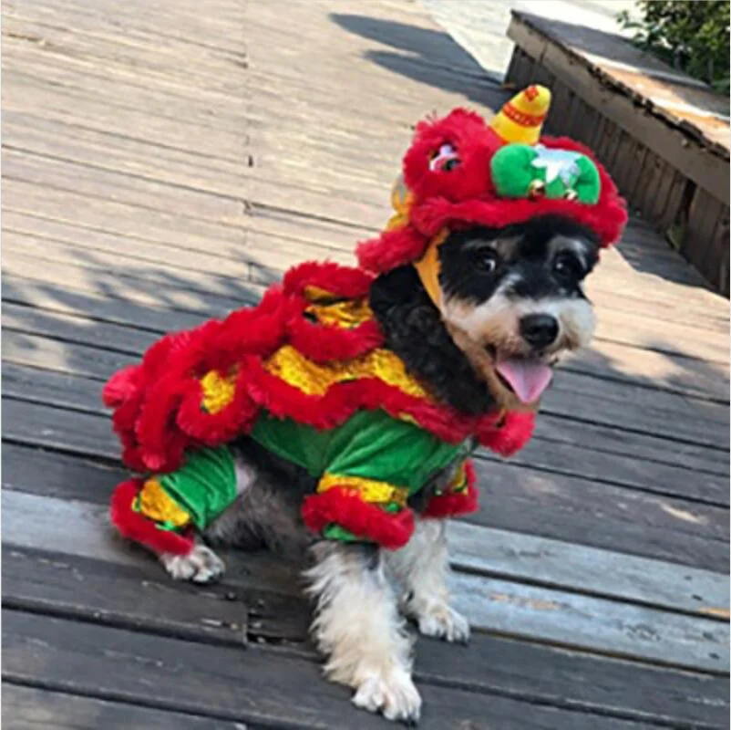 

Autumn Winter Pet Clothing Chinese Lion Dance Funny Pet Clothes Fleece Pet Dog Hooded Warm Thickened Hoodies, Picture