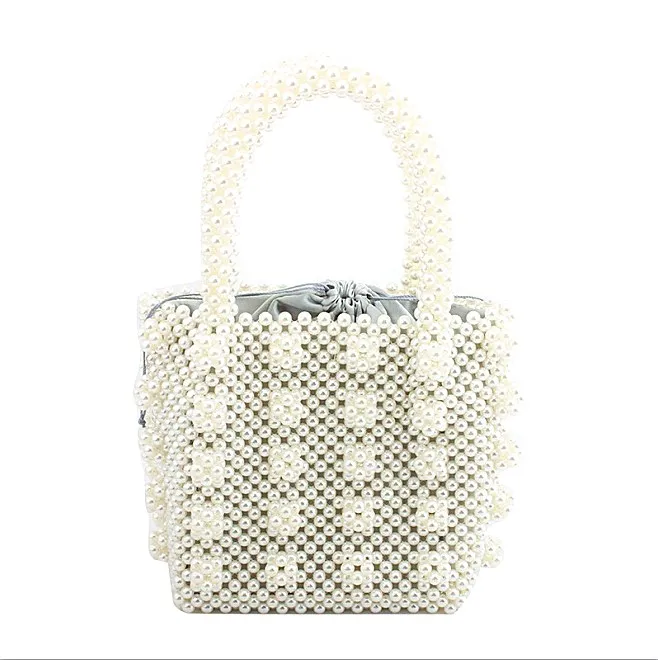 

2021 Best seller handmade newest customized pearl crochet straw for tote beach bags women handbag with drawstring