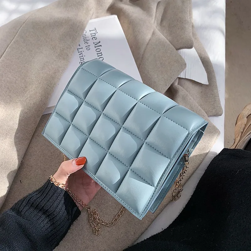 

Small Square Bag Chain Solid Color ins Korean Version Of The Car Stitching Bag Western Style Plaid Retro Mini Women Handbag, White, red, purple, blue, black, pink