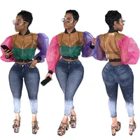 

Wholesale new mesh patchwork color long sleeve summer sexy see-through blouse