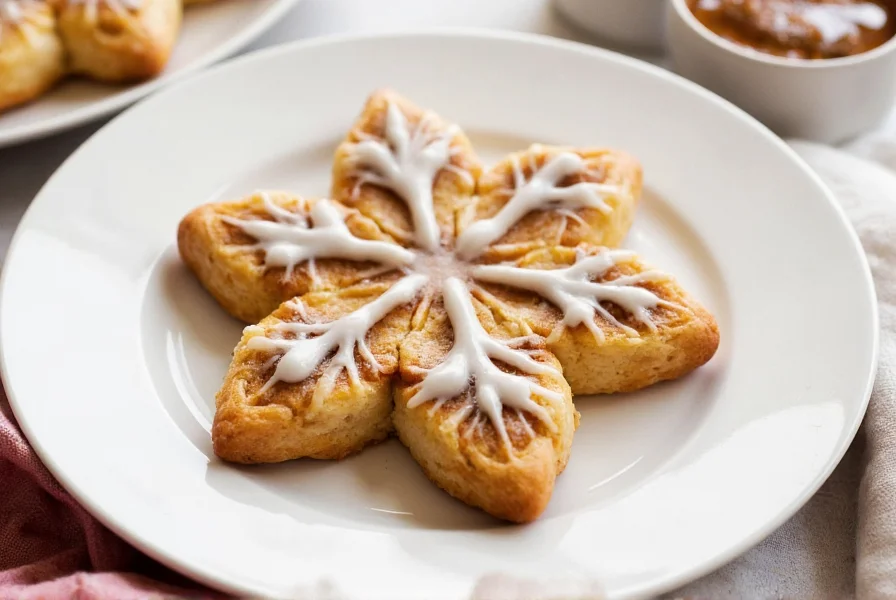 Finished cinnamon roll snowflake pastry with decorative icing drizzle on white ceramic platter