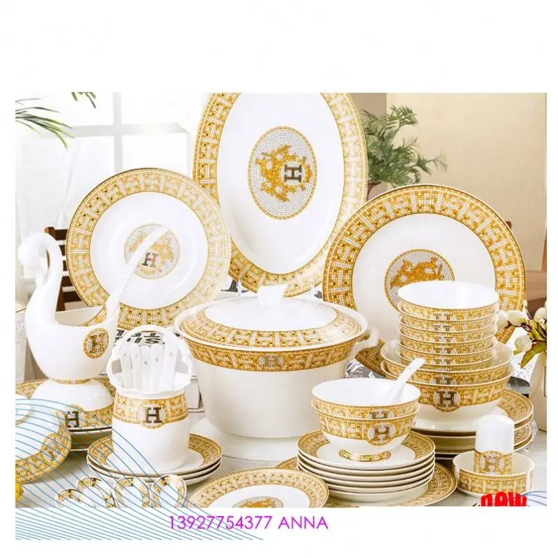 

luxury gold 60pcs 28pcs wholesale bone china ceramics plates dinnerware sets