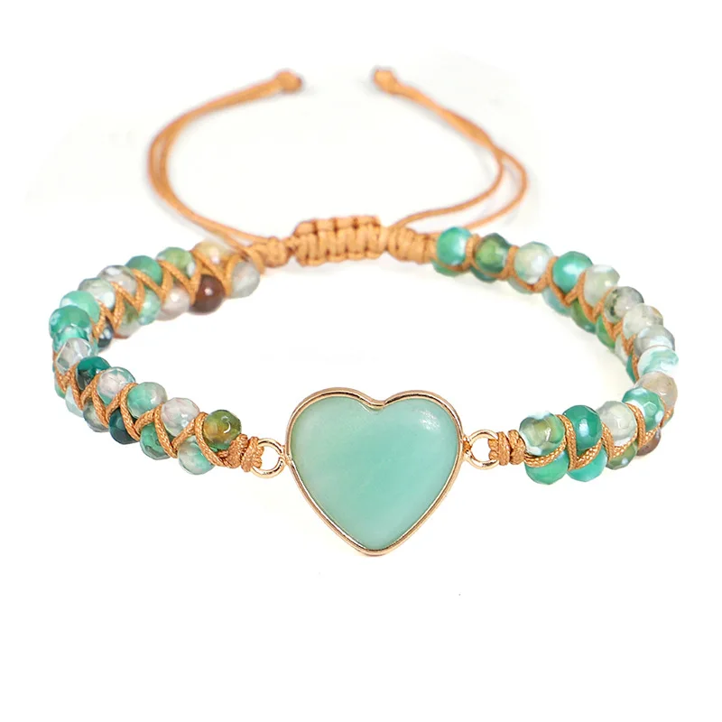 

2021 Zinc Alloy Heart Charm Vintage Gemstone Natural Stone Beads Yoga Bracelet, Green