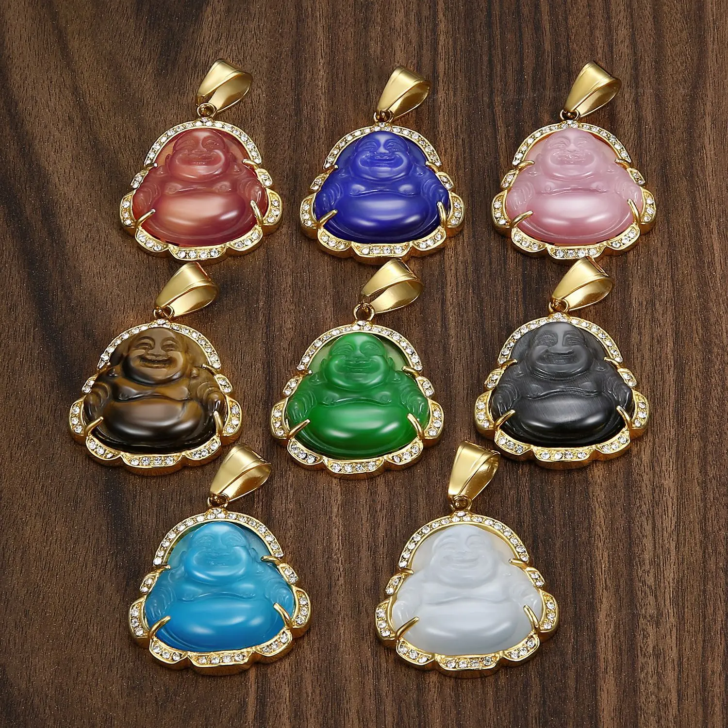 

Multi Color Natural Jade Maitreya Buddha Necklaces Pendant Necklaces 316L Stainless Steel Colorful Opal Laughing Buddha Necklace