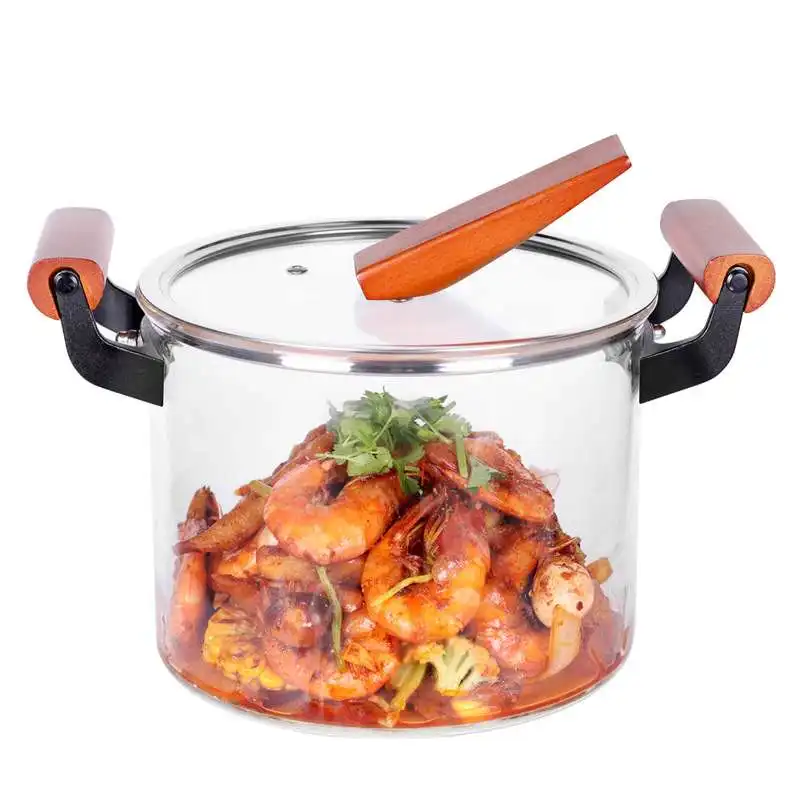 

Heat resistant high borosilicate glass cooking pot with wooden handle, Transparent