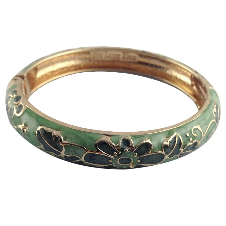 

WIIPU Vintage Jewelry Cloisonne Handmade Enamel Golden Hinged Cuff Bangle Bracelet Gift