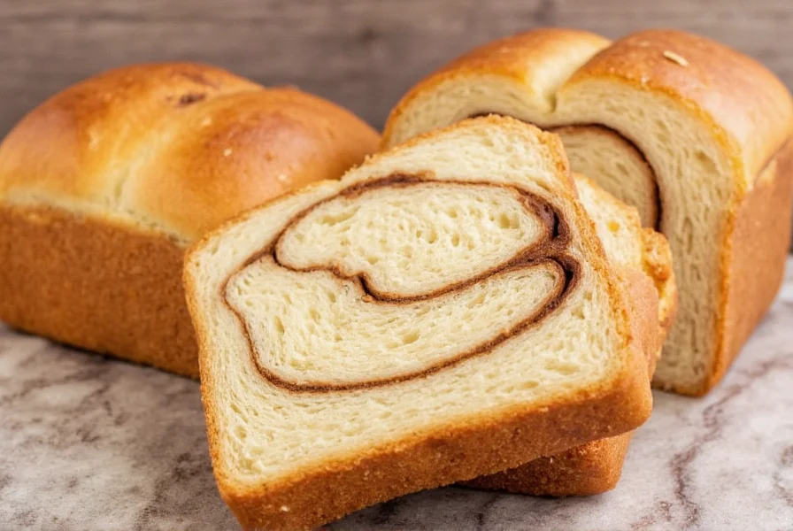 Perfectly baked Amish cinnamon bread loaf with visible spiral swirl, golden brown crust, and soft interior texture on wooden cutting board
