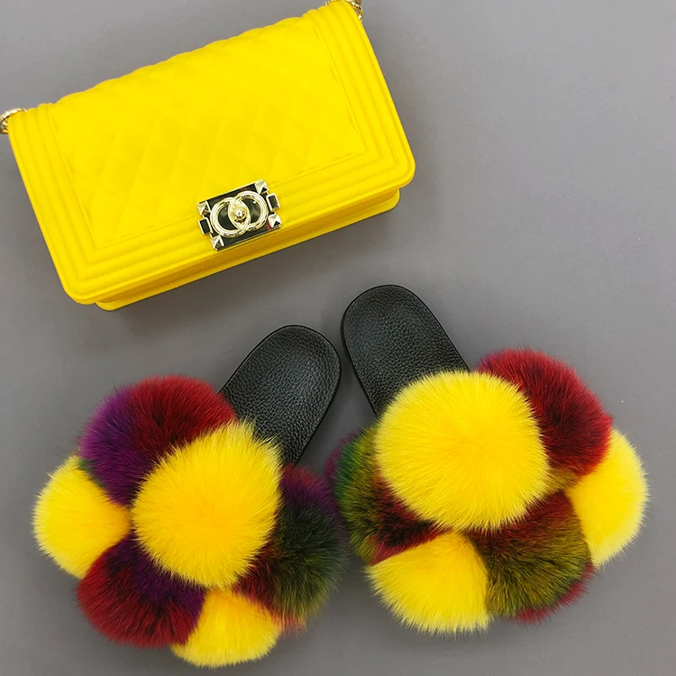 

Big Furry Fur Slides Jelly Handbag Yellow Colorful Pom Pom Real Fox Fur Slides and Purse Set For Women Girls, Customized color