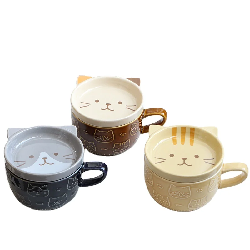 

Custom Logo Creative Glazed Emboss Porcelain Cat Cup Ceramic Coffee Mug With Lid, Yellow, grey, brown