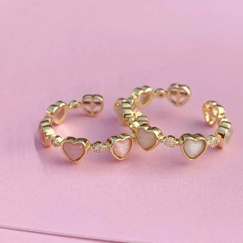 

Korean trendy minimalist pink opal love heart gold plated open adjustable index finger rings ins fashion women jewelry