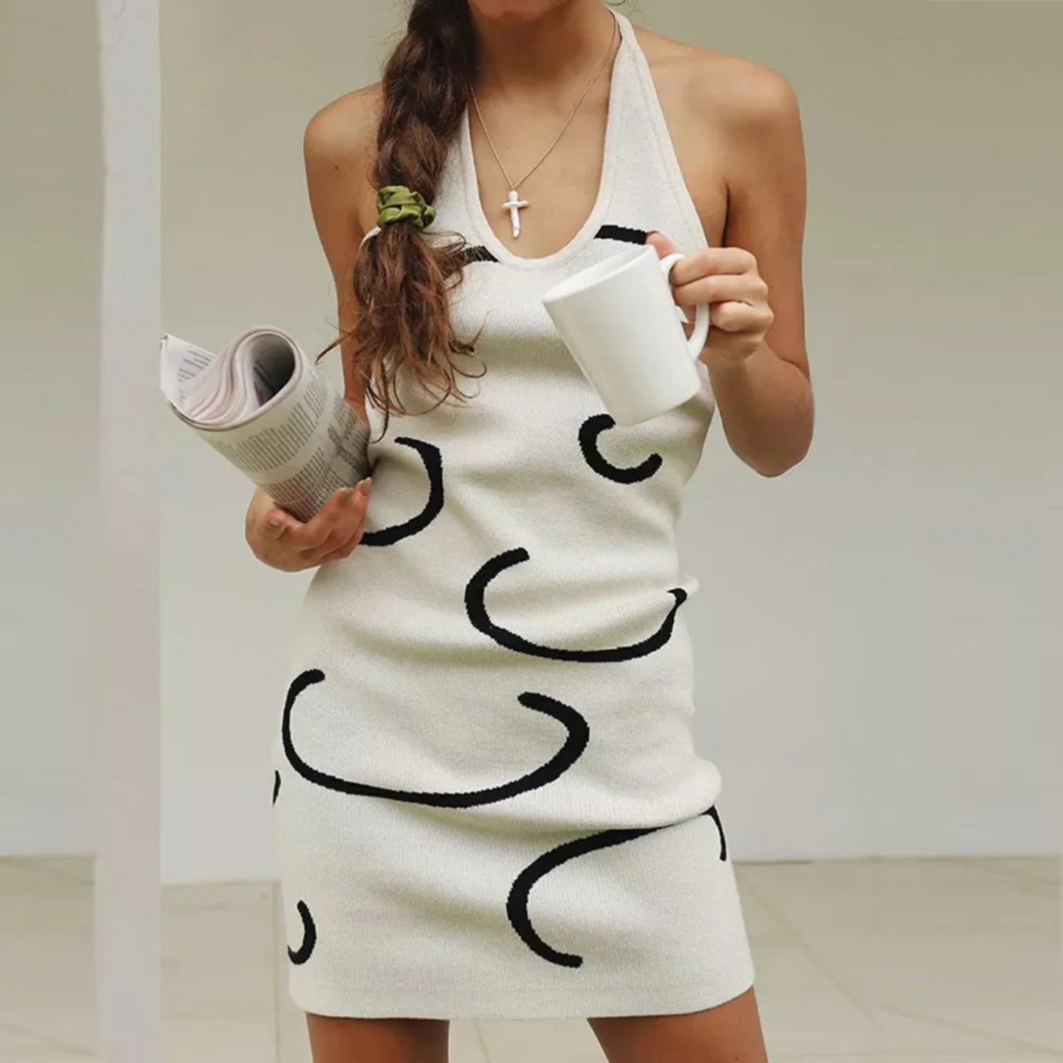 

2021 Summer Clothes for Women Halter Neck Knit Dress Backless Mini Beach Dress, As picture