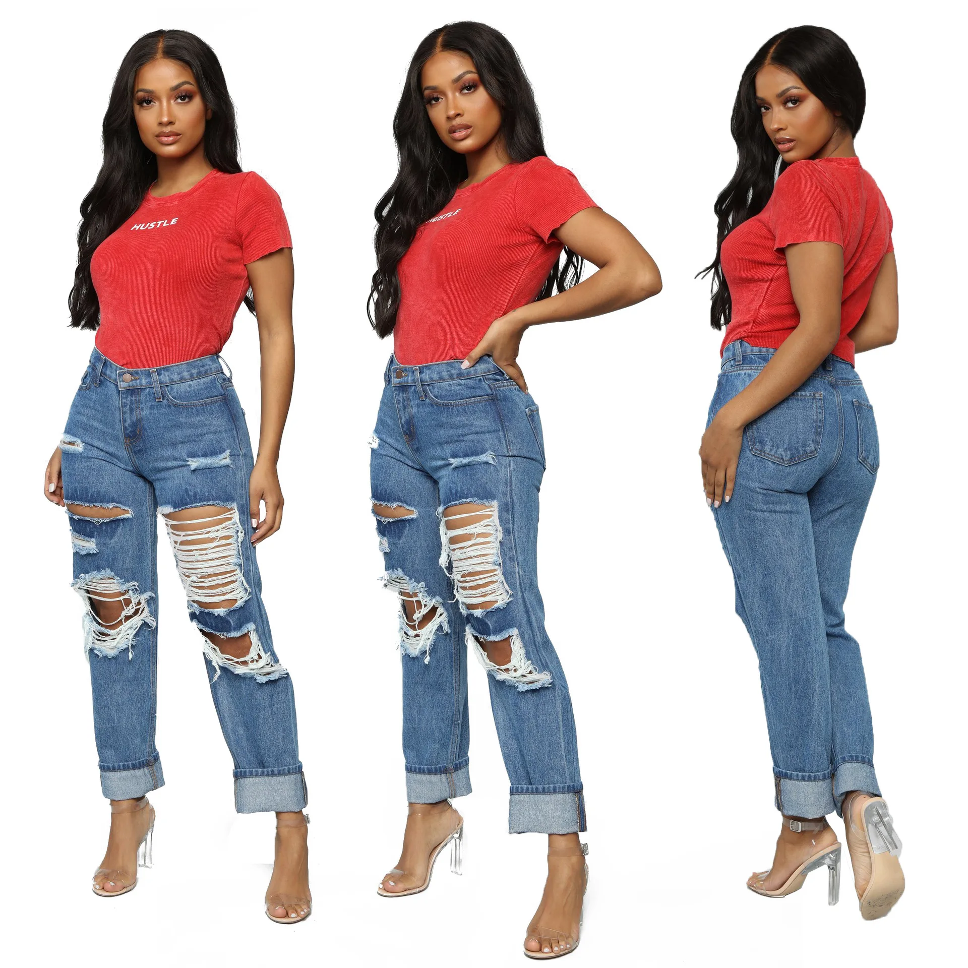 

Fashion Straight Leg Wholesale High Waste Ripped Pantalones Mom Jeans Korean Mommy Jeans Women Ripped Jegging Jeans For Ladies