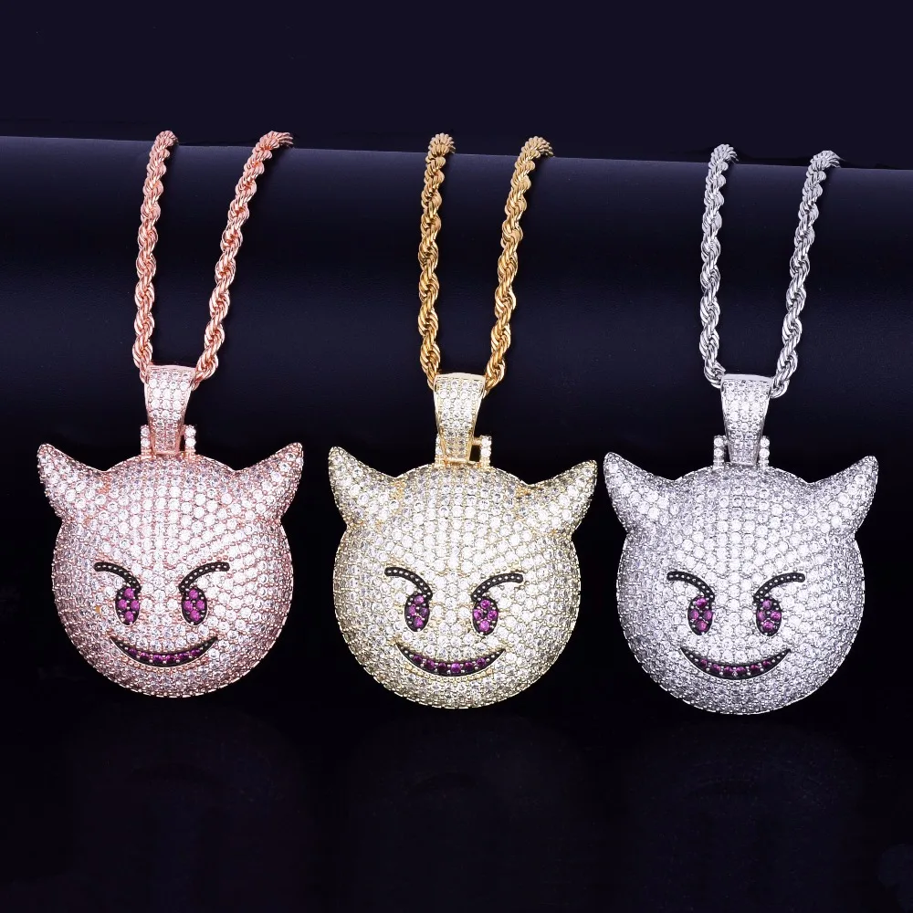 

Hiphop Demon Evil Pendant Necklaces For Men Tennis Chain Gold/Silver Color Bling Cubic Zircon Necklace Jewelry For Gift