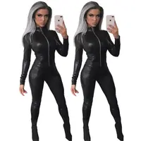 

KG1965 new arrival blacKG zipper long sleeve sKGinny pu leather 2020 Womens Sexy Bodycon Jumpsuits