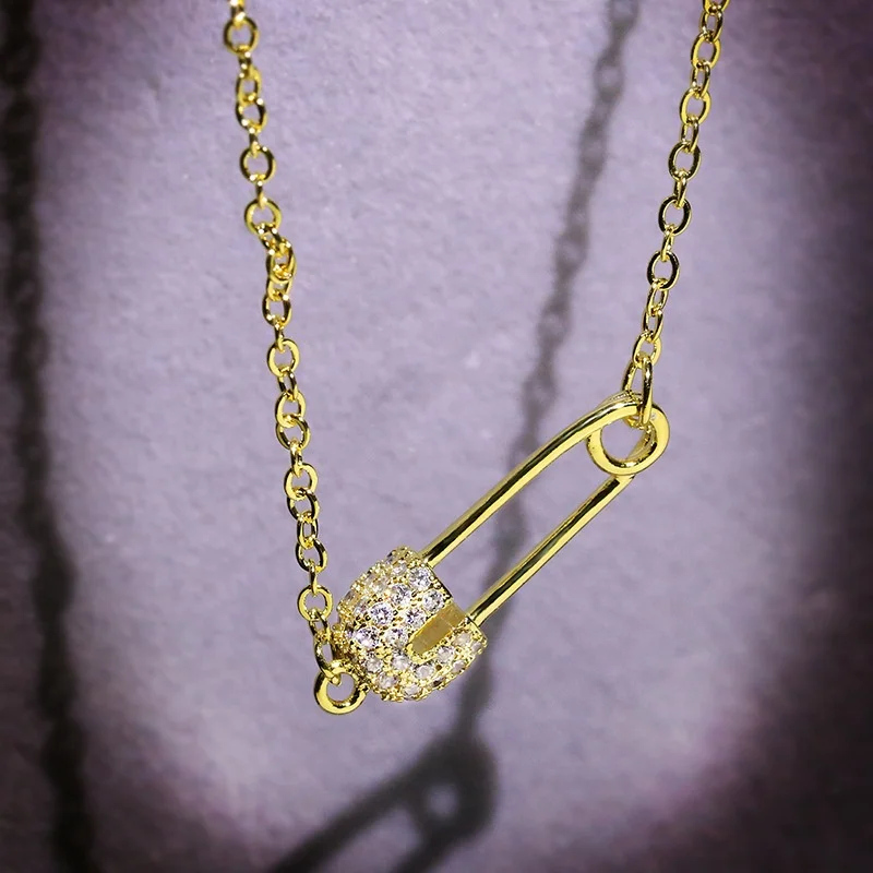

Unique Luxury Necklace Steel Safety Pin Pendant Necklace with Rhinestone for Gold Color Women Wedding Gifts Jewelry