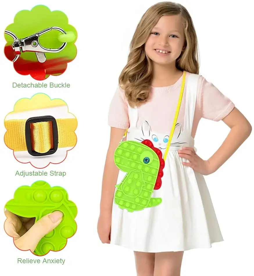 

Funny dinosaur silicone push bubbles to release pressure fingertips push toys messenger bag crossbody bag silicon sling bags, 4 color