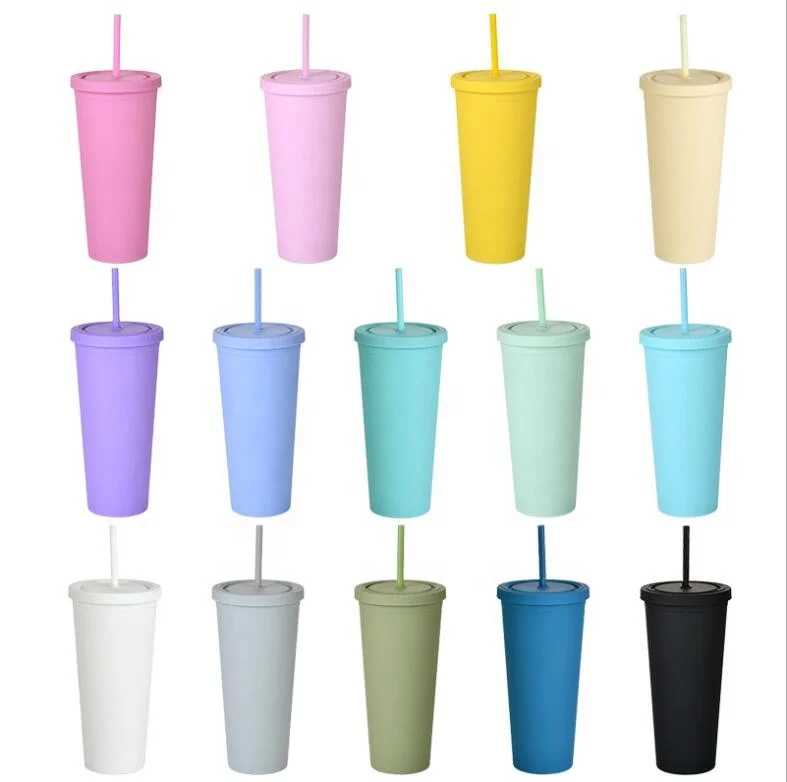 

2021 Wholesale 24oz double wall plastic skinny straight tumbler coffee cup with lids and straws, Customized colors acceptable