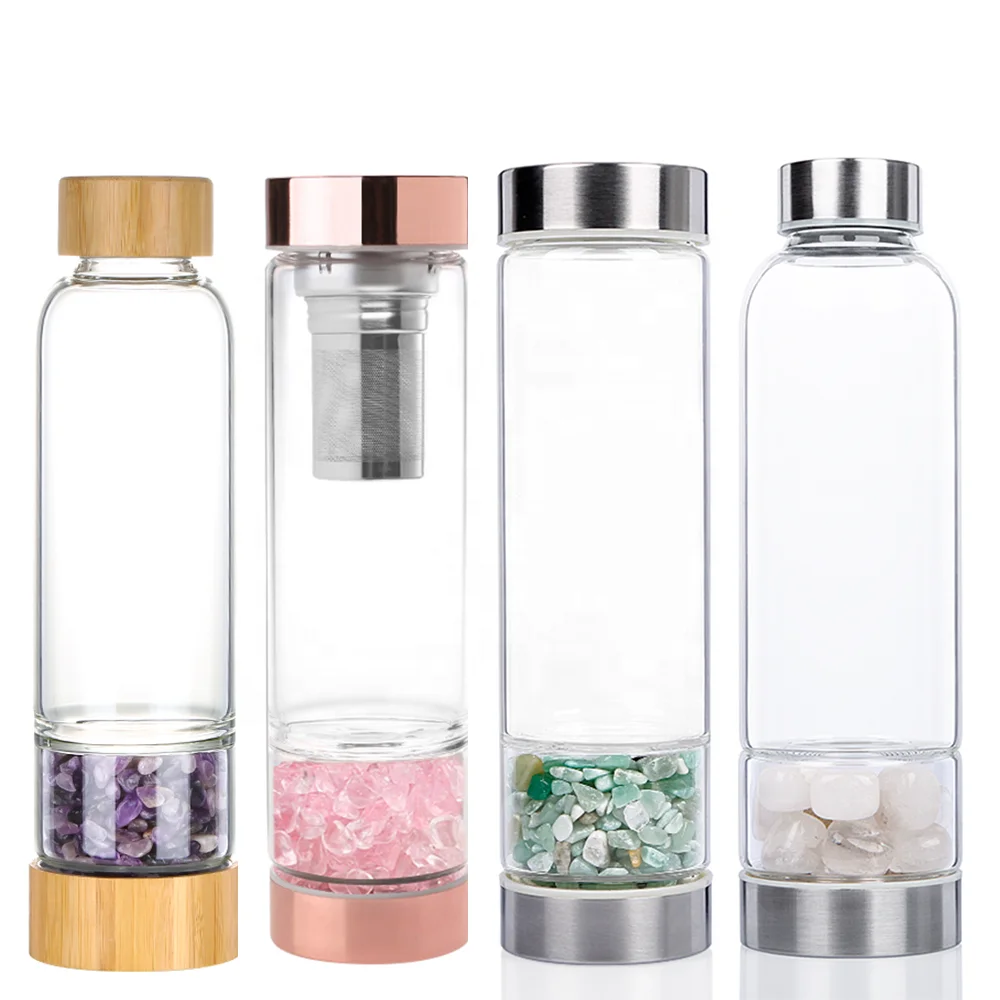 

Tea Strainer Amethyst Chip Stone Drink Water Bottle BPA Free Stainless Steel Glass Crystal Water Bottle For Travel, Rose gold