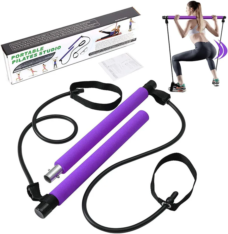 

Home fitness yoga exercise portable foot loop pilates bar stick kit with resistance bands, Pink, purple, blue