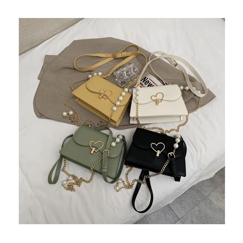 

French Design Heart Lock Crossbody Bags for Women 2021 Small Pearls Chain Purses Handbags Ladies Elegant PU Wave Cover Flap