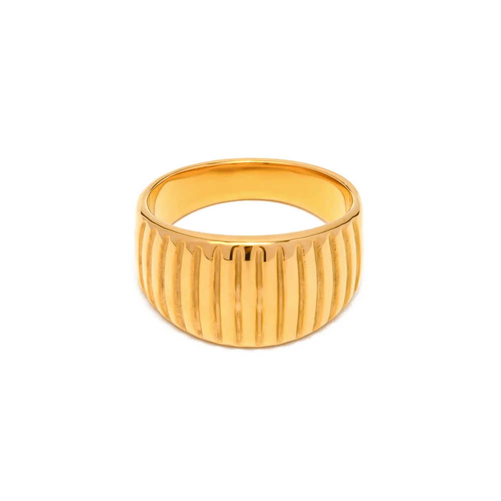 

Waterproof 18K Gold Plated Ribbed Rings Stainless Steel Textured Croissant Finger Ring for Girls