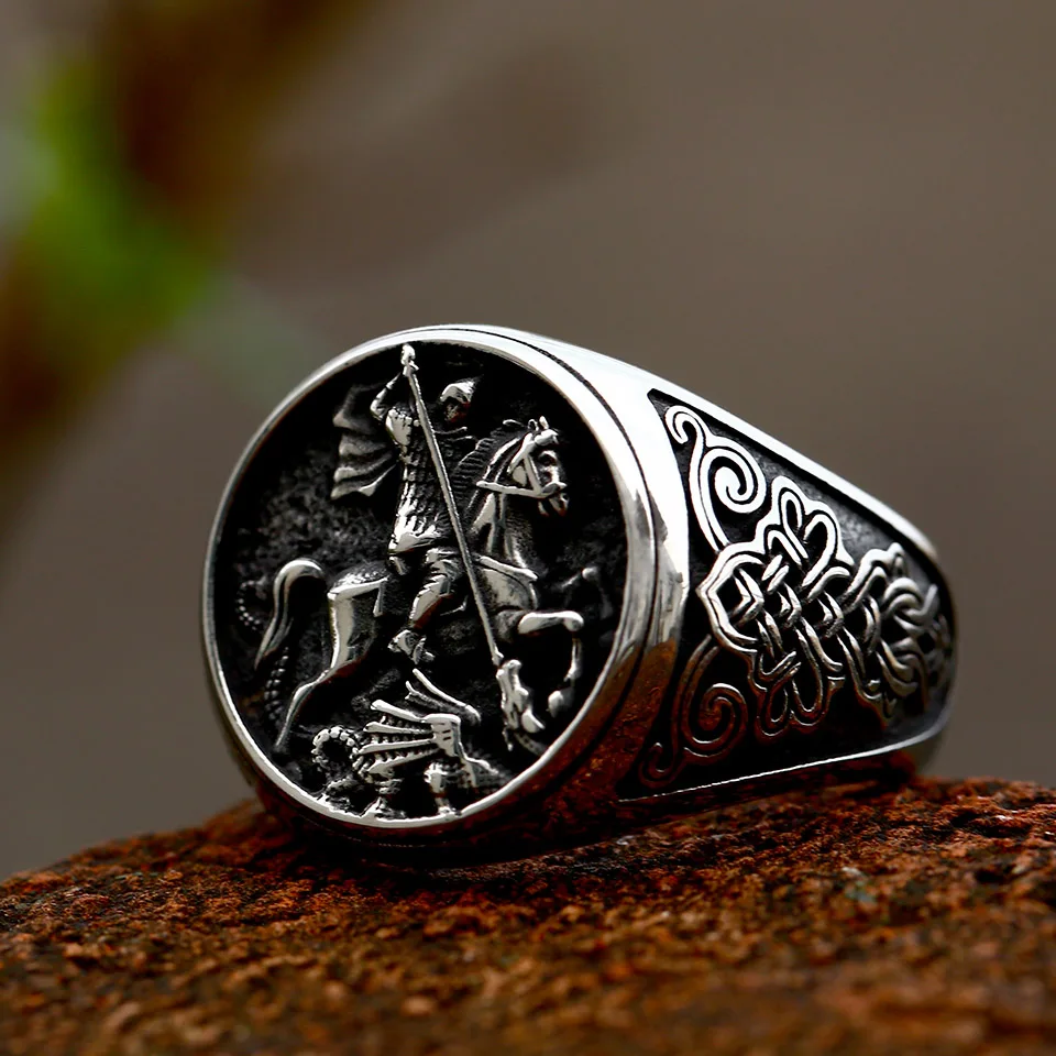 

SS8-1050R 2023 New Special Design St.George Ring Religious Ring Vintage Stainless Steel Jewelry For Men Wholesale