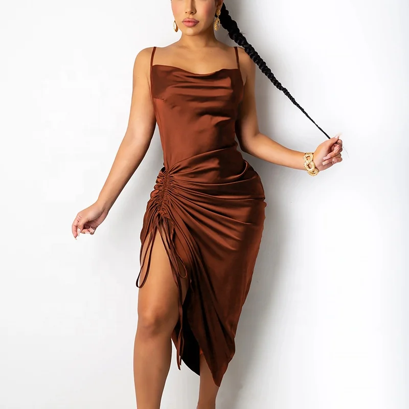 

2021 Ladies Sexy Sleeveless Backless Bodycon Satin Irregular Single Ruched Spaghetti Dresses Midi Casual Club Wear Party Dress