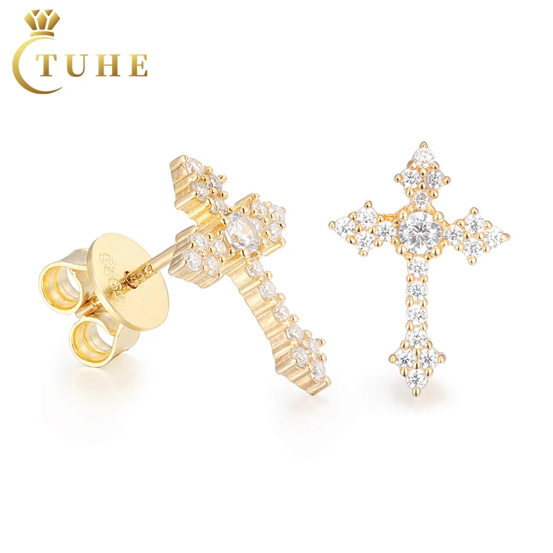 Custom Religious Tapered Cross Earring Pass Diamond Tester Iced Out Round Brilliant Cut Moissanite 925 Silver Stud Earrings